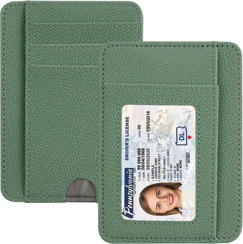 Hot Cool Card Holder Wallet Front Pocket Minimalist Travel Cute Funny Thin Leather With RFID Blocking Small Credit Card Holder Wallet for Men & Women Girls Organizer Gifts, Litchi Green - Image 1