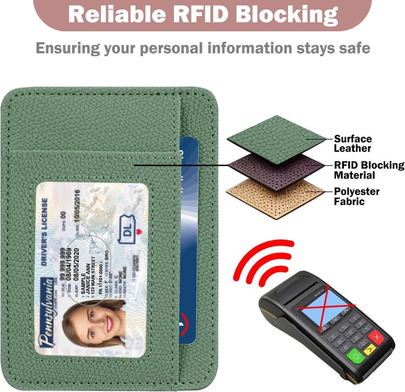 Hot Cool Card Holder Wallet Front Pocket Minimalist Travel Cute Funny Thin Leather With RFID Blocking Small Credit Card Holder Wallet for Men & Women Girls Organizer Gifts, Litchi Green - Image 5