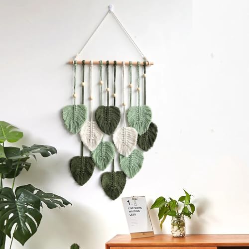 WARMINGO DE Macrame Bohemian Wall Hanging Decor For Living Room & Bedroom | Handmade Feather Tapestry with Wooden Beads and Green Leaves Chic | Wall Art Decoration - Image 1