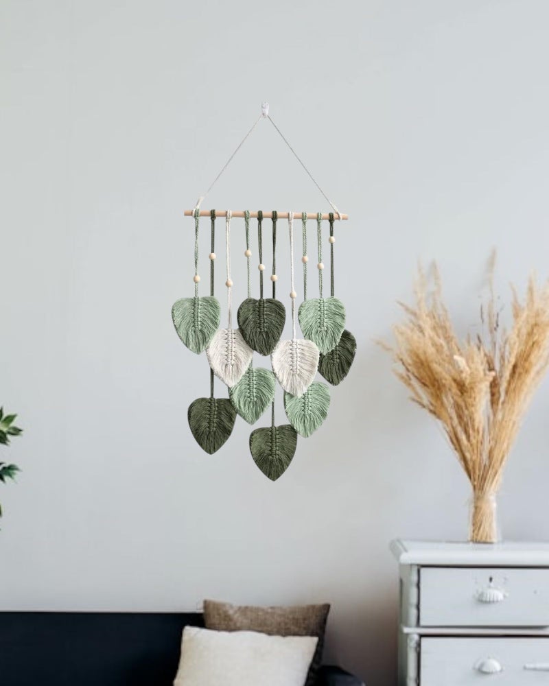 WARMINGO DE Macrame Bohemian Wall Hanging Decor For Living Room & Bedroom | Handmade Feather Tapestry with Wooden Beads and Green Leaves Chic | Wall Art Decoration - Image 3