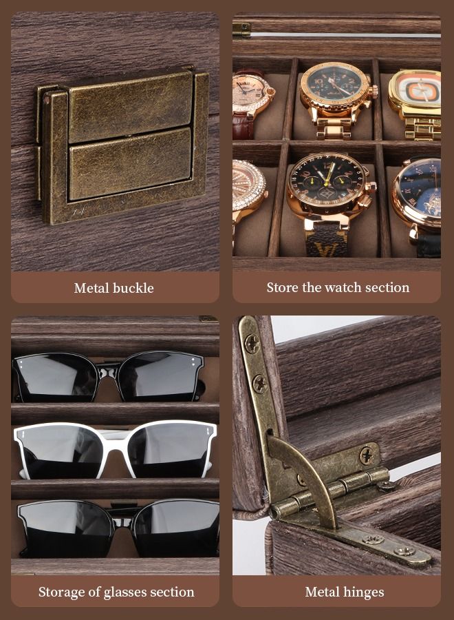 HomarKet 9-Slot Watch Glasses Box Watch Case Jewelry Box Gift Holder Jewelry Display Box Case Drawer Sunglasses Storage Earrings Storage Organizer for Men (Brown) - Image 5