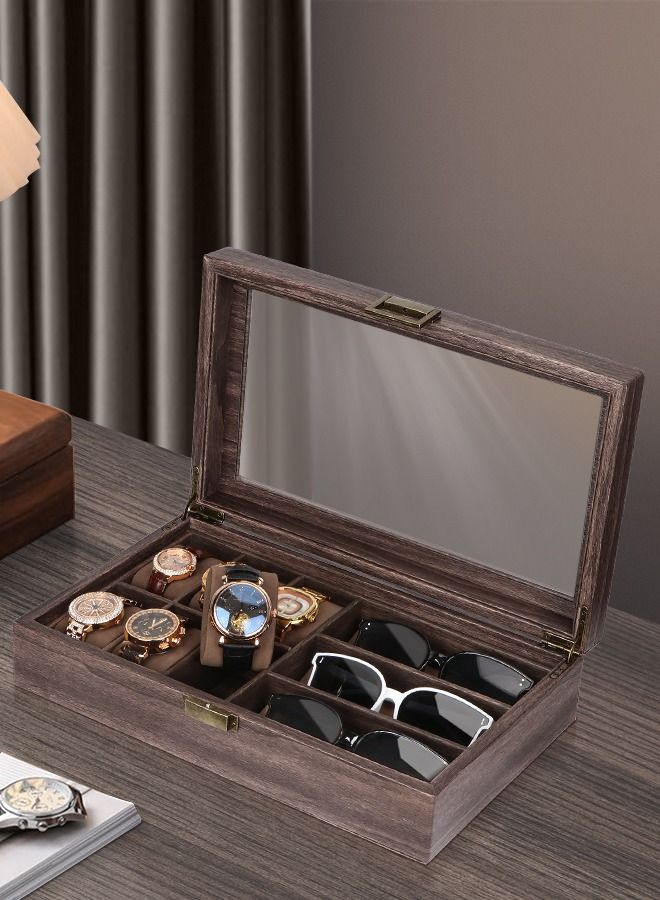 HomarKet 9-Slot Watch Glasses Box Watch Case Jewelry Box Gift Holder Jewelry Display Box Case Drawer Sunglasses Storage Earrings Storage Organizer for Men (Brown) - Image 1