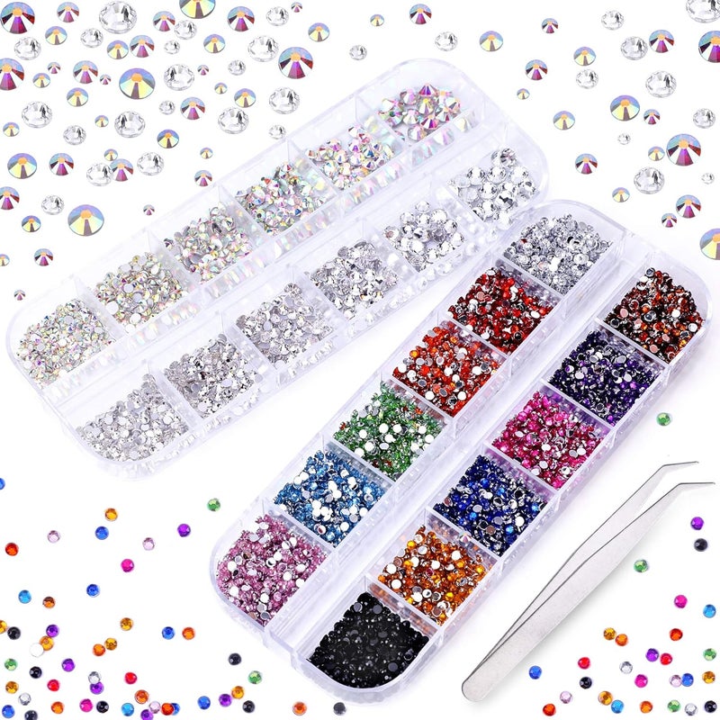 Phogary 3000 PCS Rhinestones for Craft, PHOGARY AB Rhinestones Flat Back (Small Size 1.5-5 mm) 13 Colors with Pick Up Tweezer for Crafts Nail Face Art Clothes Shoes Bags Phone Case DIY