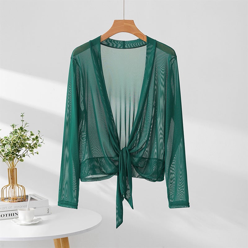 Spring, Summer and Autumn Large Size Mesh Cardigan Small Shawl Long-Sleeved Versatile Sun Protection Thin Jacket Air-Conditioned Shirt Western Style Top for Women - Image 1