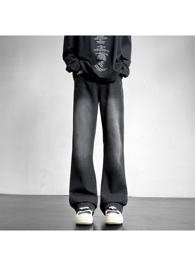 Homlean American Vintage Washed Denim Jeans Summer Men's Fashion Loose Straight Micro Flare Casual Pants Ss99 Black Gray 3XL - Image 1