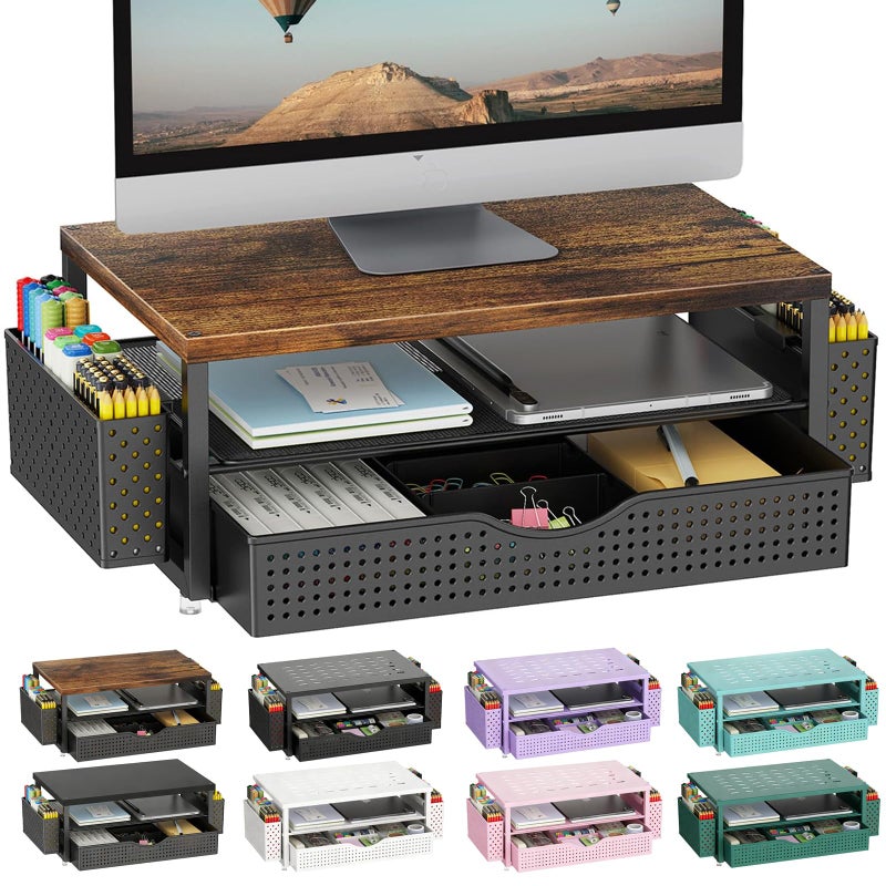 gianotter Wood Monitor Stand Riser Office Desk Shelf Organizer Desk Organizer with Drawer and Pen Holder 2Tier Computer Stand Office Organization Wood