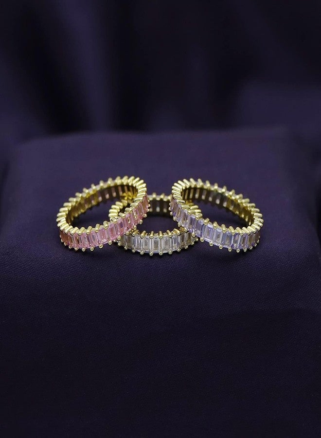 AFFY Set of 3 Pastel Rainbow Baguette Band Ring Anniversary Eternity Band Cubic Zirconia Crystal Wedding Cocktail Fashion Luxury Jewelry for Women - Image 2