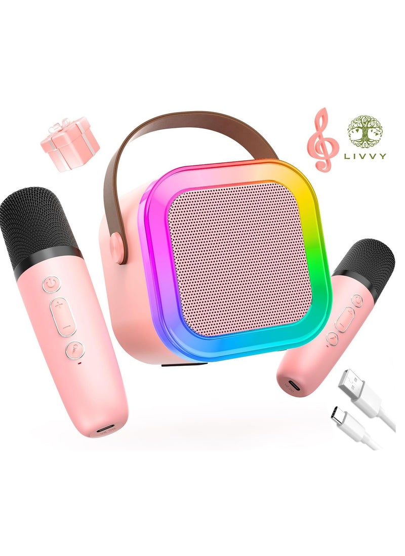 LIVVY Mini Karaoke Machine for Kids Girls,Toys Birthday Gifts for Ages 4 5 6 7 8+ Year Old,Protable Bluetooth Speaker with 2 Wireless Microphone for Singing Party Outdoor Play (Pink)  - Image 1