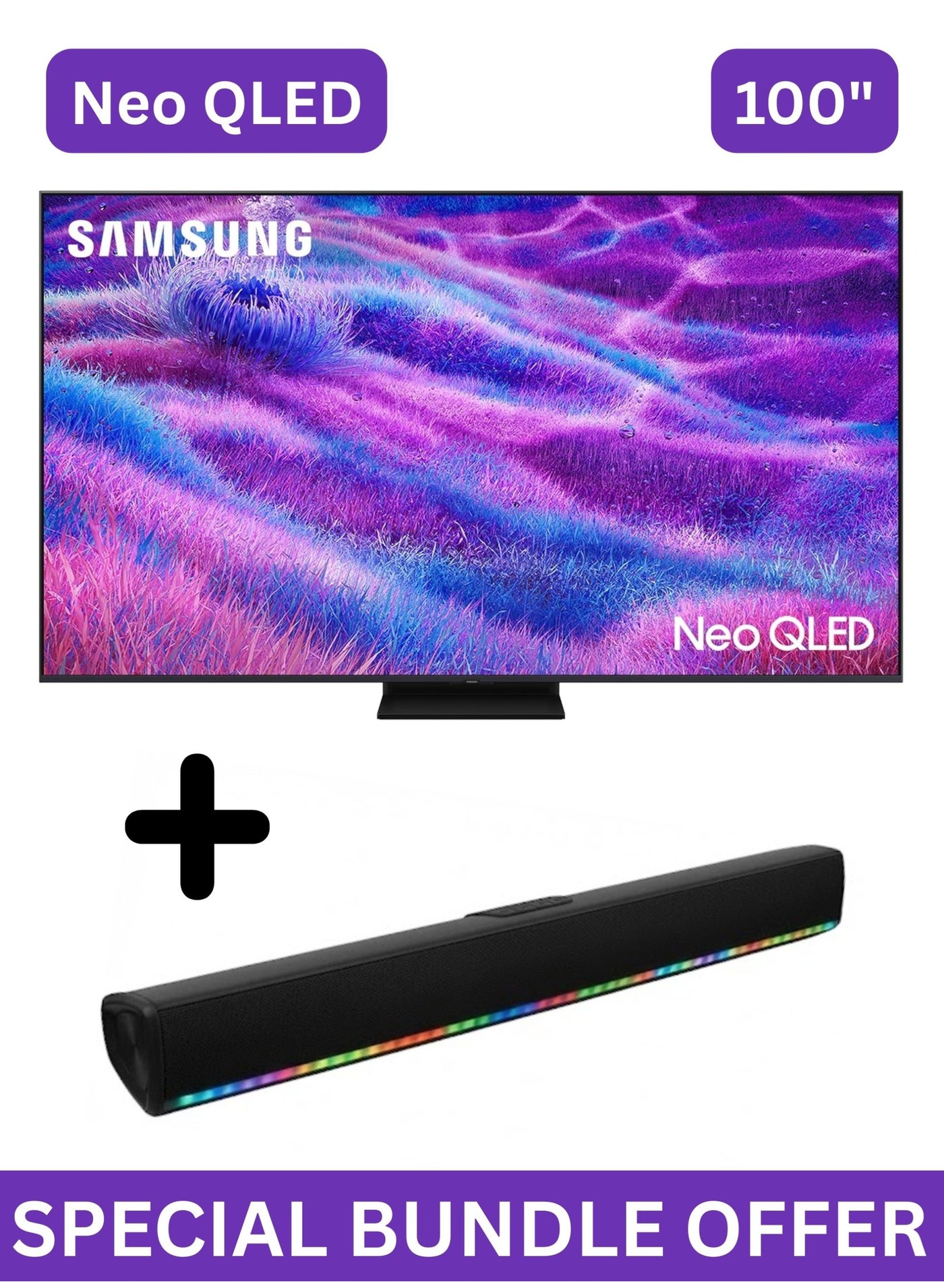 Samsung 100 Inch Neo QLED QN80F 4K, Samsung Vision AI Smart TV (2025 - UAE Version) + 4.0 Channel Portable Soundbar With Built In Battery & LED Lights | Tizen Smart TV - 100Hz (Up to 144Hz), Color Booster Pro, 360 Audio, Speaker Type 4.0 CH - 100QN80F+SOUNDBAR Black