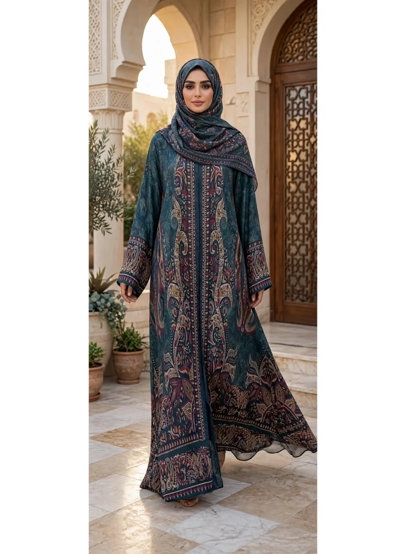 Ikkxa  Heritage Paisley Printed Open Front Flared Abaya for Women | Best Price UAE