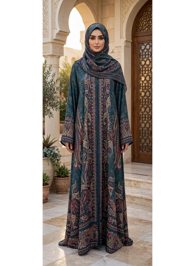 Heritage Paisley Printed Open Front Flared Abaya