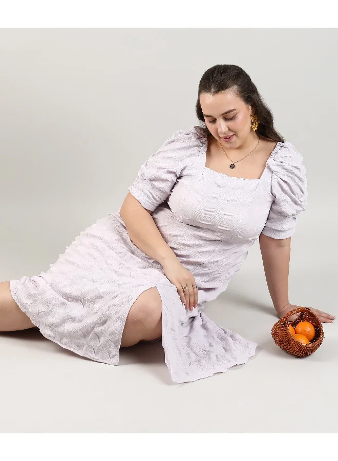 Instafab Plus Women's Lilac Creased Midi Dress For Casual Wear | Square Neck | Short Sleeve | Pull On Closure | Plus-Size Dress Crafted With Comfort With For Everyday Wear