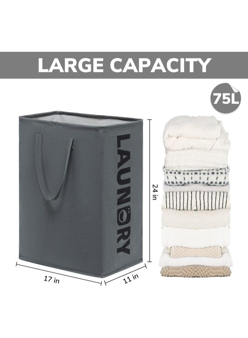 ZOOMEE 2-Pack Large Collapsible Laundry Baskets with Handles, 75L Tall Foldable Cloth Hampers for Clothes & Toys, Grey - Image 2