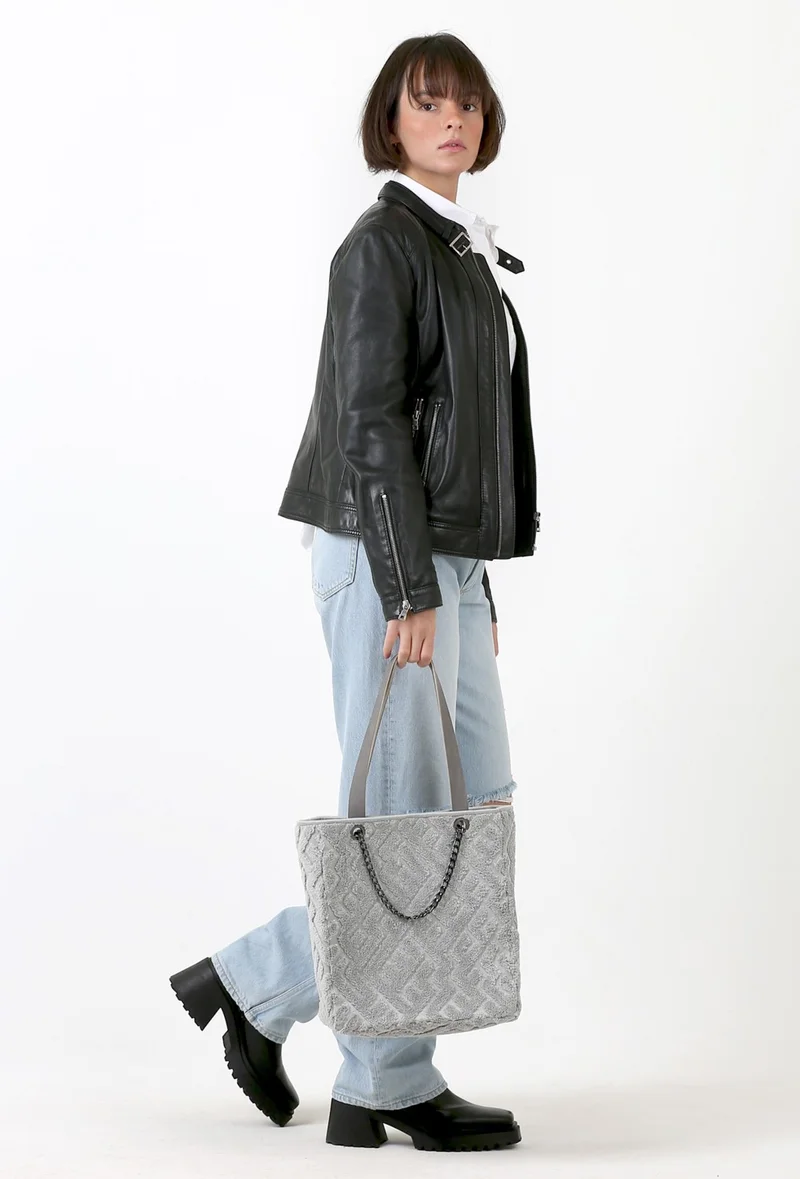 Hamur Dough Women's Fabric Hand and Shoulder Bag Maze Gray Fur Plush Knitted Handbag