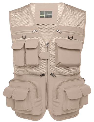 Flygo Men's Fishing Vest Utility Lightweight Outdoor Travel Safari Photo Cargo Vest with 16 pockets mesh Beige L - Image 1