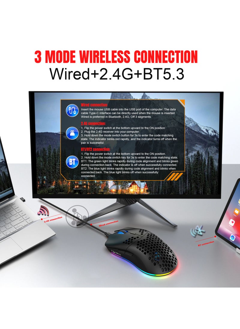 إتش إكس إس جيه ماوس الألعاب T66 RGB ثلاثي الأوضاع 2.4 جيجاهرتز/سلكي/BT5.3 مع DPI قابل للتعديل لأجهزة الكمبيوتر المكتبية والكمبيوتر المحمول  - Image 5
