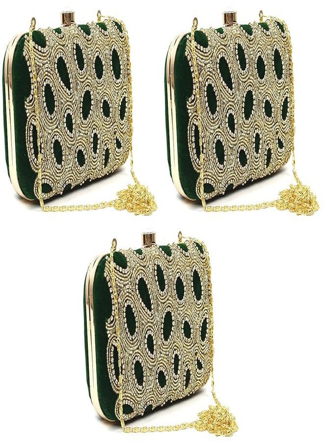 حقيبة يد نسائية من دوقة، مزينة بسلسلة مطرزة، لون أخضر (عبوة من 3 قطع)