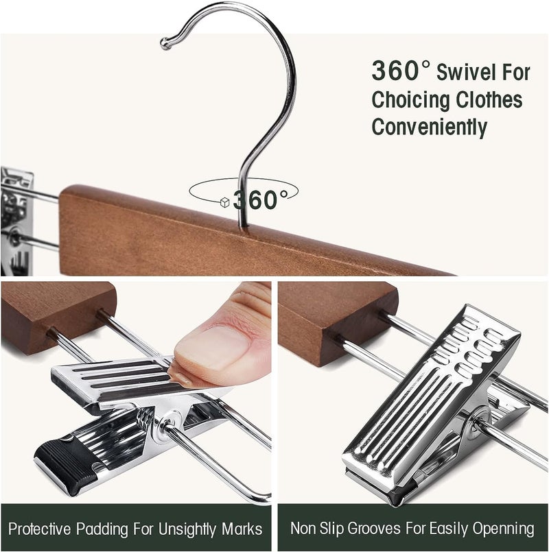 WHISKET Wooden Pants Hangers with Metal Clips Grip Clip Pants Hanger, Smooth Finish Solid Wood Jeans/Skirt Hanger, 360° Swivel Hook - Clip Hanger for Pant, Skirts (Walnut,Pack of 4) - Image 5
