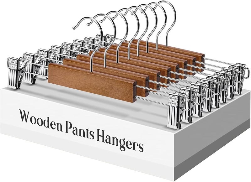 WHISKET Wooden Pants Hangers with Metal Clips Grip Clip Pants Hanger, Smooth Finish Solid Wood Jeans/Skirt Hanger, 360° Swivel Hook - Clip Hanger for Pant, Skirts (Walnut,Pack of 4) - Image 1