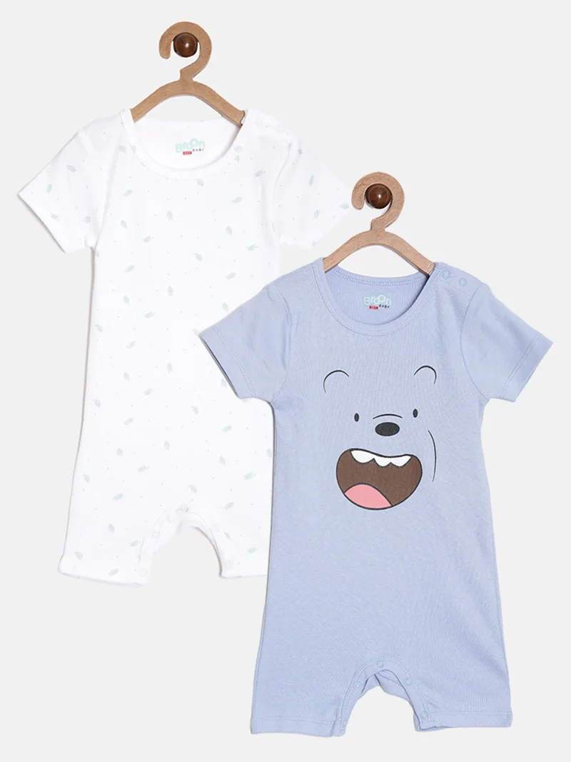 Broon Broon Infant Boys Off White and Blue Printed Organic Cotton Rompers Pack of 2