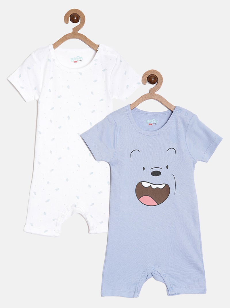 برون طقم رومبرز قطن عضوي مطبوع للأطفال الرضع من برون - أوف وايت وأزرق - قطعتان - Image 1