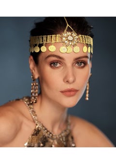 KASTWAVE Boho Head Chain Jewelry Gold, 1Pcs Retro Alloy Forehead Chain, Vintage Belly Dance Coin Headpiece, Flower Rhinestone Retro Prom Costume Forehead Chain Hair Accessories for Women Girls  - Image 3