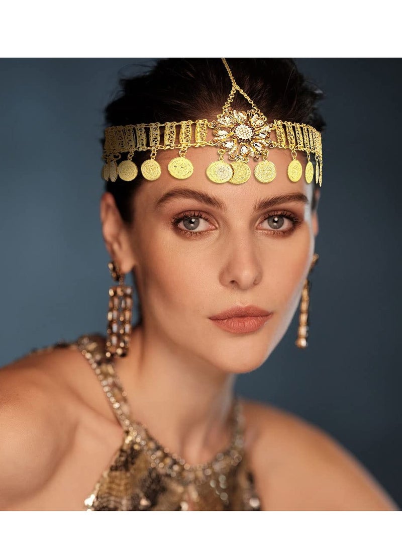 KASTWAVE Boho Head Chain Jewelry Gold, 1Pcs Retro Alloy Forehead Chain, Vintage Belly Dance Coin Headpiece, Flower Rhinestone Retro Prom Costume Forehead Chain Hair Accessories for Women Girls  - Image 3
