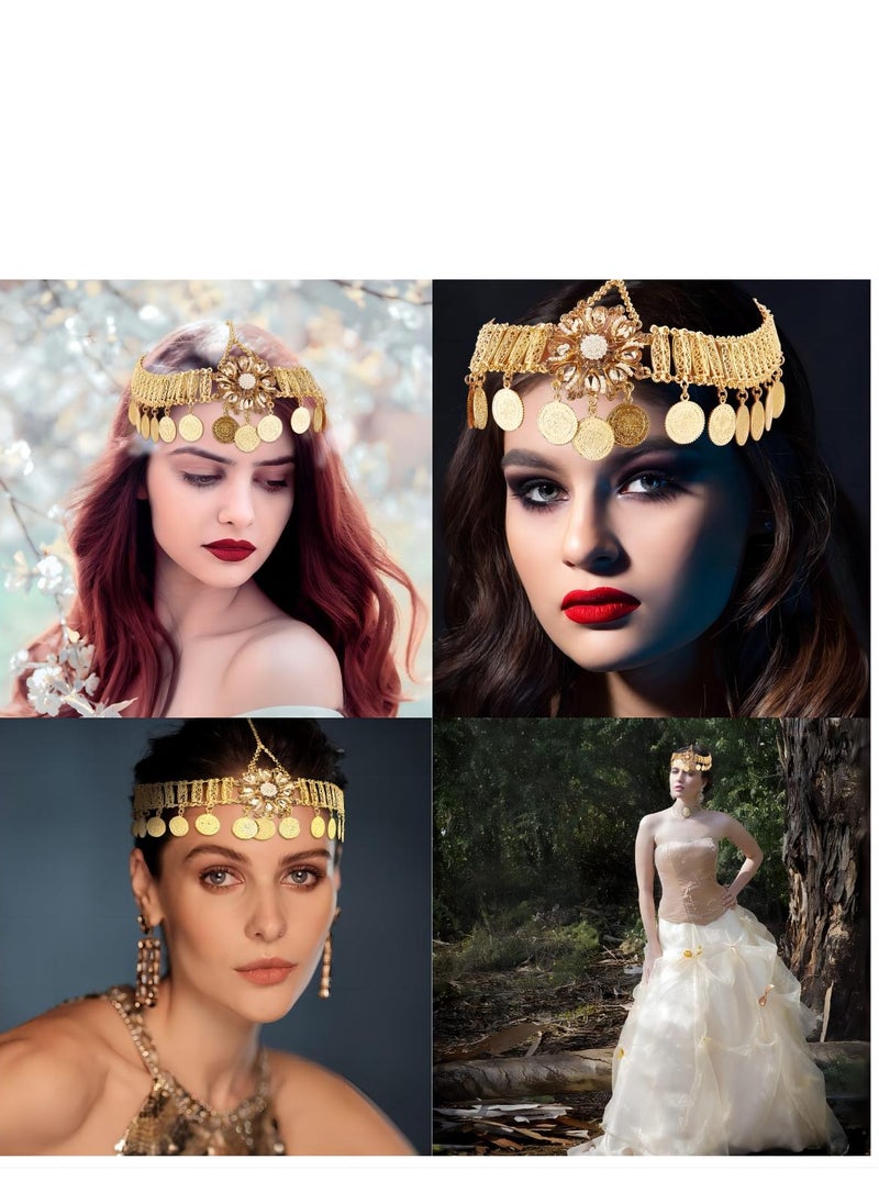 KASTWAVE Boho Head Chain Jewelry Gold, 1Pcs Retro Alloy Forehead Chain, Vintage Belly Dance Coin Headpiece, Flower Rhinestone Retro Prom Costume Forehead Chain Hair Accessories for Women Girls  - Image 2