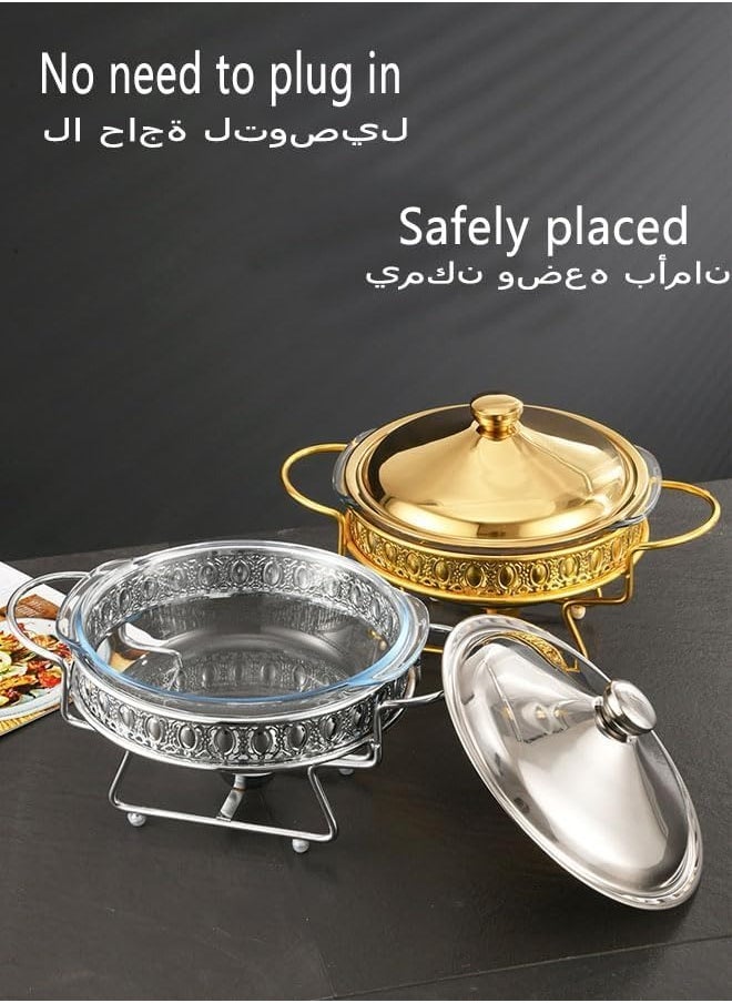 ماركة غير محددة موقد البوفيه حاوية أطباق مع غطاء مستدير وعاء طبخ زجاجي دائري موقد تسخين الطعام المطبخ وعاء الحساء للفندق بوفيه مطعم حفلات الزفاف بوفيه مطعم ذهبي مستدير 23.4 × 23.4 × 14.5 سم  - Image 3