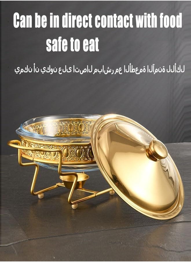 ماركة غير محددة موقد البوفيه حاوية أطباق مع غطاء مستدير وعاء طبخ زجاجي دائري موقد تسخين الطعام المطبخ وعاء الحساء للفندق بوفيه مطعم حفلات الزفاف بوفيه مطعم ذهبي مستدير 23.4 × 23.4 × 14.5 سم  - Image 4