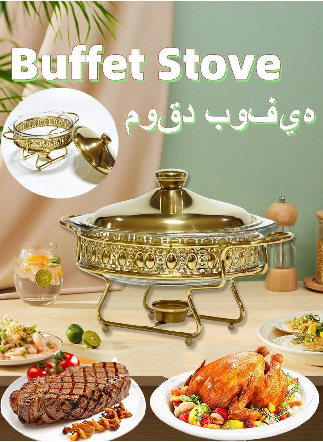 ماركة غير محددة موقد البوفيه حاوية أطباق مع غطاء مستدير وعاء طبخ زجاجي دائري موقد تسخين الطعام المطبخ وعاء الحساء للفندق بوفيه مطعم حفلات الزفاف بوفيه مطعم ذهبي مستدير 23.4 × 23.4 × 14.5 سم  - Image 1