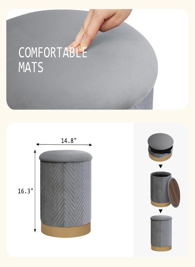 PINPLUS Ottoman with Stroage Round Velvet Ottoman with Gold Plating Base and Tray Velvet Removable Footstool Coffee Table for Living Dorm，Grey, 14.7"x14.7"x16.3" - Image 4