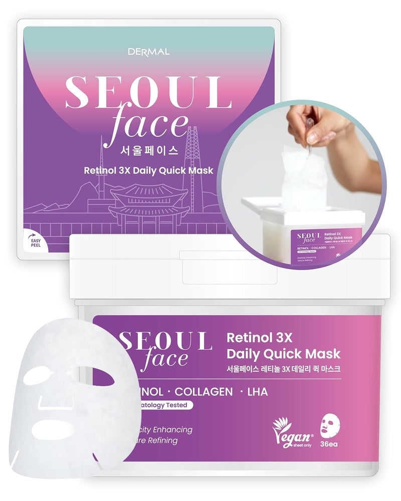 DERMAL Seoul Face Retinol 3X Daily Quick Mask 36 Sheet  Korean Skincare Vegan Tencel Facial Masks  Anti Aging Wrinkle Improvement Mask Sheets with Collagen LHA Peptide