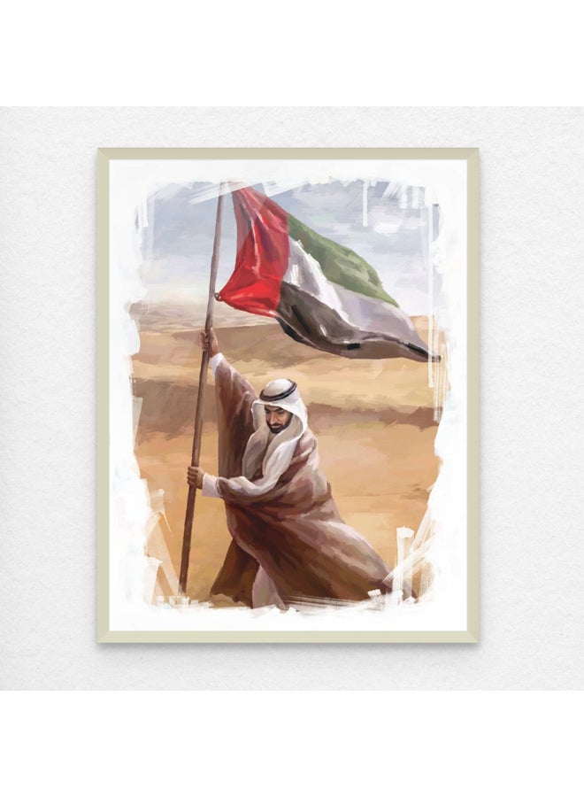 Art Decor Framed Fine Art Portrait Print of Sheikh Zayed bin Sultan Al Nahyan with National Flag Wall Decor for Office Living Room Bedroom - Image 1