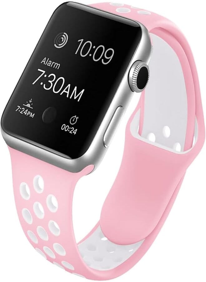 Izone - IZONE Silicone Sport Strap Band for Apple Watch Series 2,3,4,5,6,7,SE,8,Ultra (42mm/44mm/45mm/49mm, Pink White) - Image 1