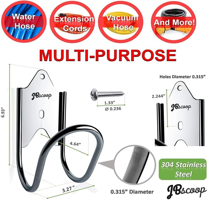 JBscoop Garden Hose Holder, Garden Hose Hanger Wall Mount for Water Hose, Extension Cords, Air Compressor Hose, Heavy Duty & Rust Proof Set of 1 - Image 4