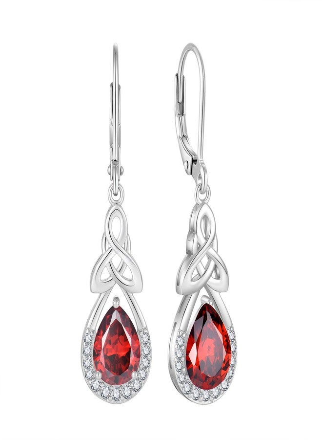FJ Celtic Knot Dangle Drop Earrings 925 Sterling Silver Infinity Teardrop Leverback Earrings Garnet January Birthstone Jewelry for Women - Image 1