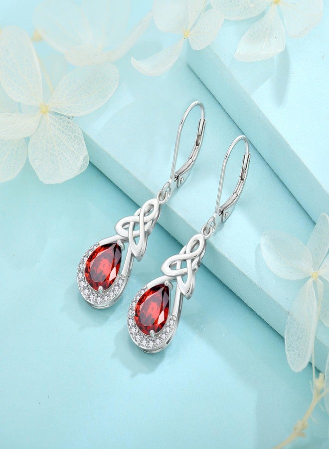 FJ Celtic Knot Dangle Drop Earrings 925 Sterling Silver Infinity Teardrop Leverback Earrings Garnet January Birthstone Jewelry for Women - Image 5
