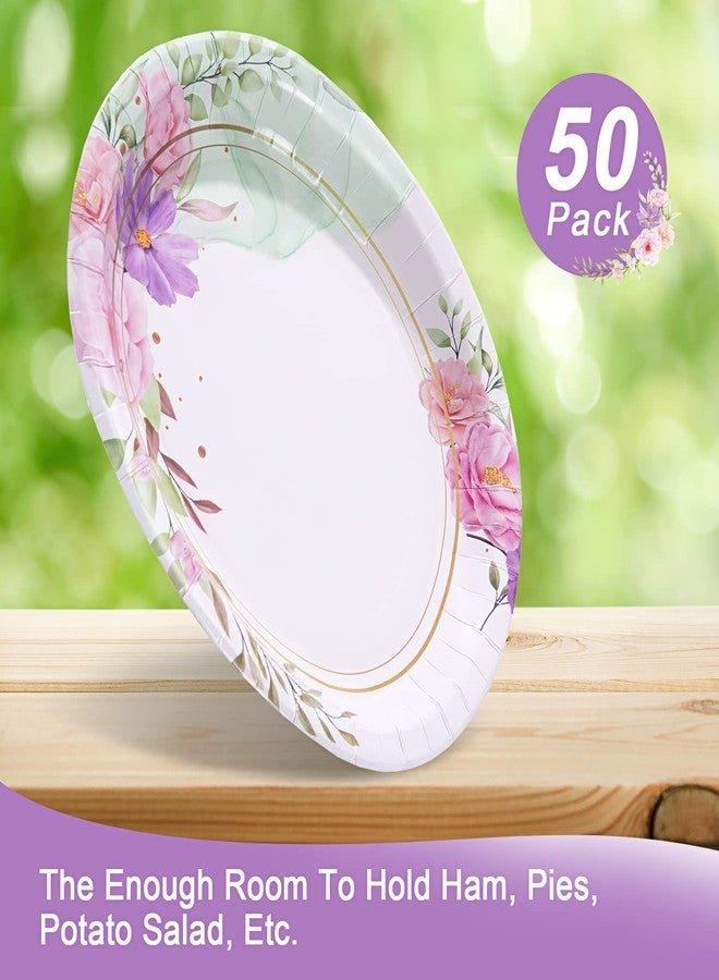 Tyzarglef أطباق ورقية بيضاوية مزهرة عدد 50، 10" × 12.5" كبيرة للاستخدام مرة واحدة، للأعراس، حفلات الزفاف/استحمام الأطفال، مستلزمات حفلات مزهرة - Image 5