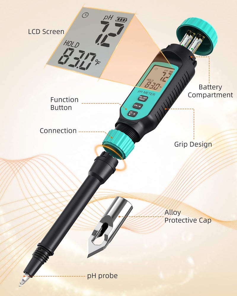 Tadeto Soil pH Tester, High Accuracy Digital pH Meter for Soil, Garden, Water, Plants, Solution and Food, Soil pH Test Kit with Thermometer LCD Display, Calibration Powder and Alloy Protective Cap - Image 3