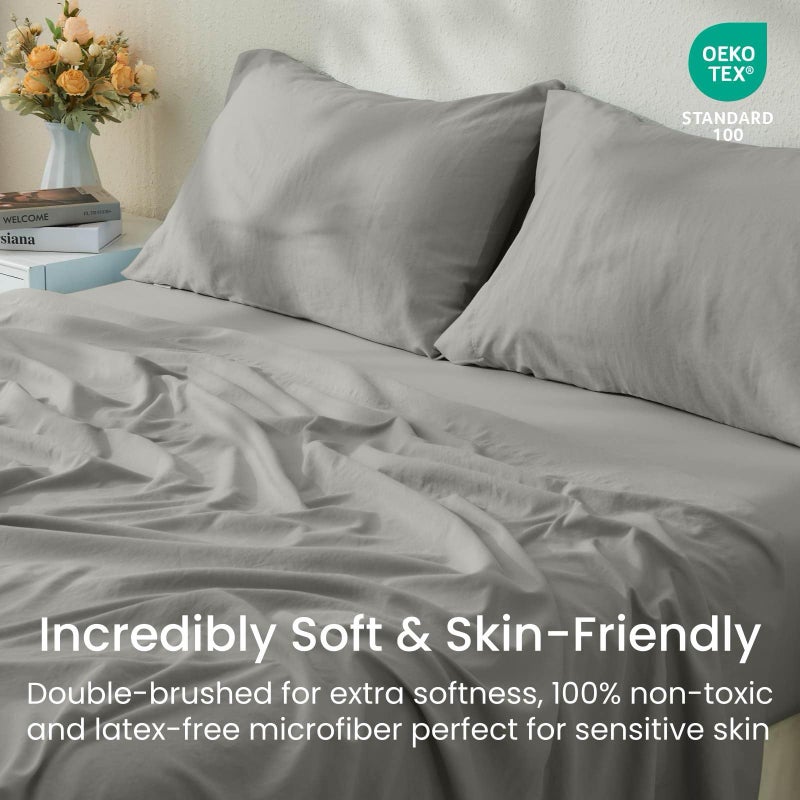 Gokotta 3-PCS Twin Sheets وضعت صفائح جيب عميقة 15 بوصة مع أحزمة زاوية مرنة فندق فاخر فاخر ناعم ناعم من الألياف الدقيقة المزدوجة-غير مقاومة للدموع لا تقاوم للدموع-رمادي فاتح - Image 5