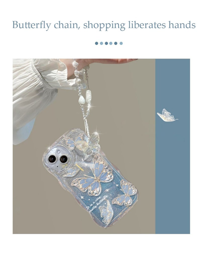 إكس ليفيل غطاء حافظة آيفون 15 بلس غطاء غطاء فراشة بنمط الفراشة مع واقي عدسة الكاميرا حبل حبل مطرز حزام معصم مضاد للسقوط للنساء الفتيات، غطاء حماية كامل من مادة TPU الناعمة من الخلف مريح الملمس - Image 4