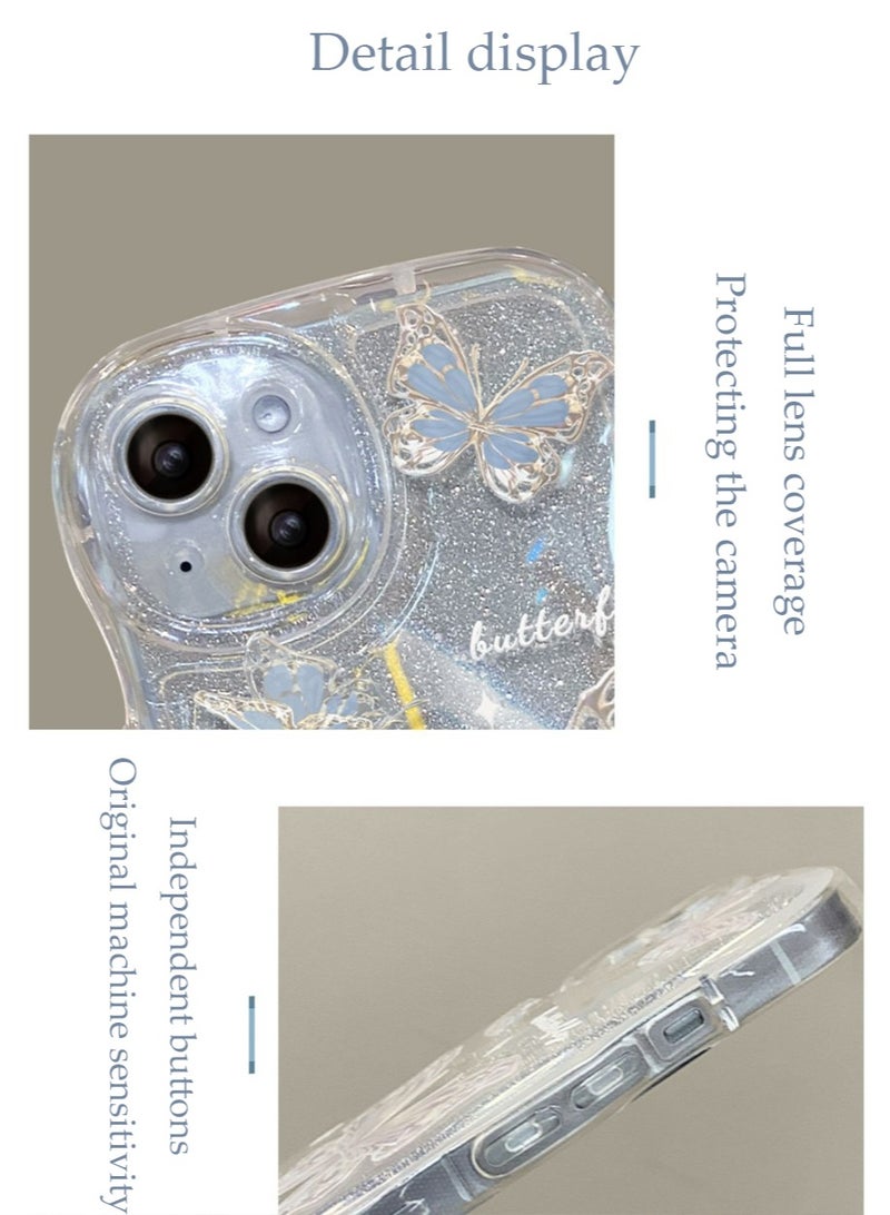 إكس ليفيل غطاء حافظة آيفون 15 بلس غطاء غطاء فراشة بنمط الفراشة مع واقي عدسة الكاميرا حبل حبل مطرز حزام معصم مضاد للسقوط للنساء الفتيات، غطاء حماية كامل من مادة TPU الناعمة من الخلف مريح الملمس - Image 3