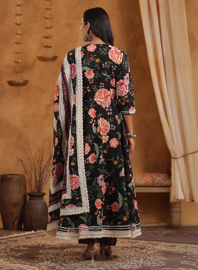 ISHIN Women's Black Cotton Printed Tunic Upper Calf Length Palazzo Bottom Flared 3 Peice Kurta Set - Image 2