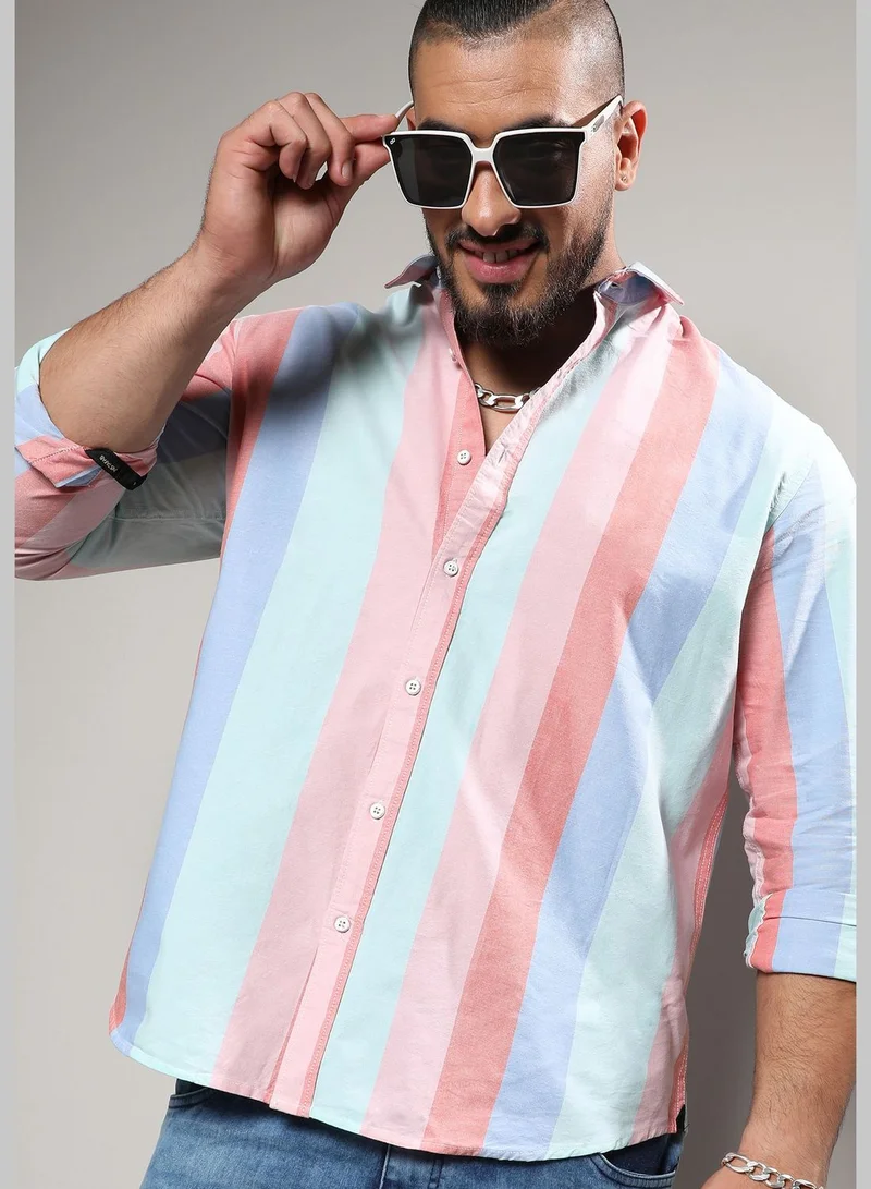 Instafab Plus Striped Spread Collar Long Sleeve Shirt