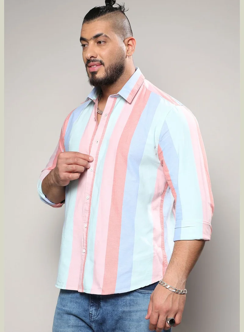 Instafab Plus Striped Spread Collar Long Sleeve Shirt