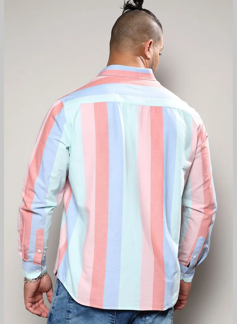 Instafab Plus Striped Spread Collar Long Sleeve Shirt