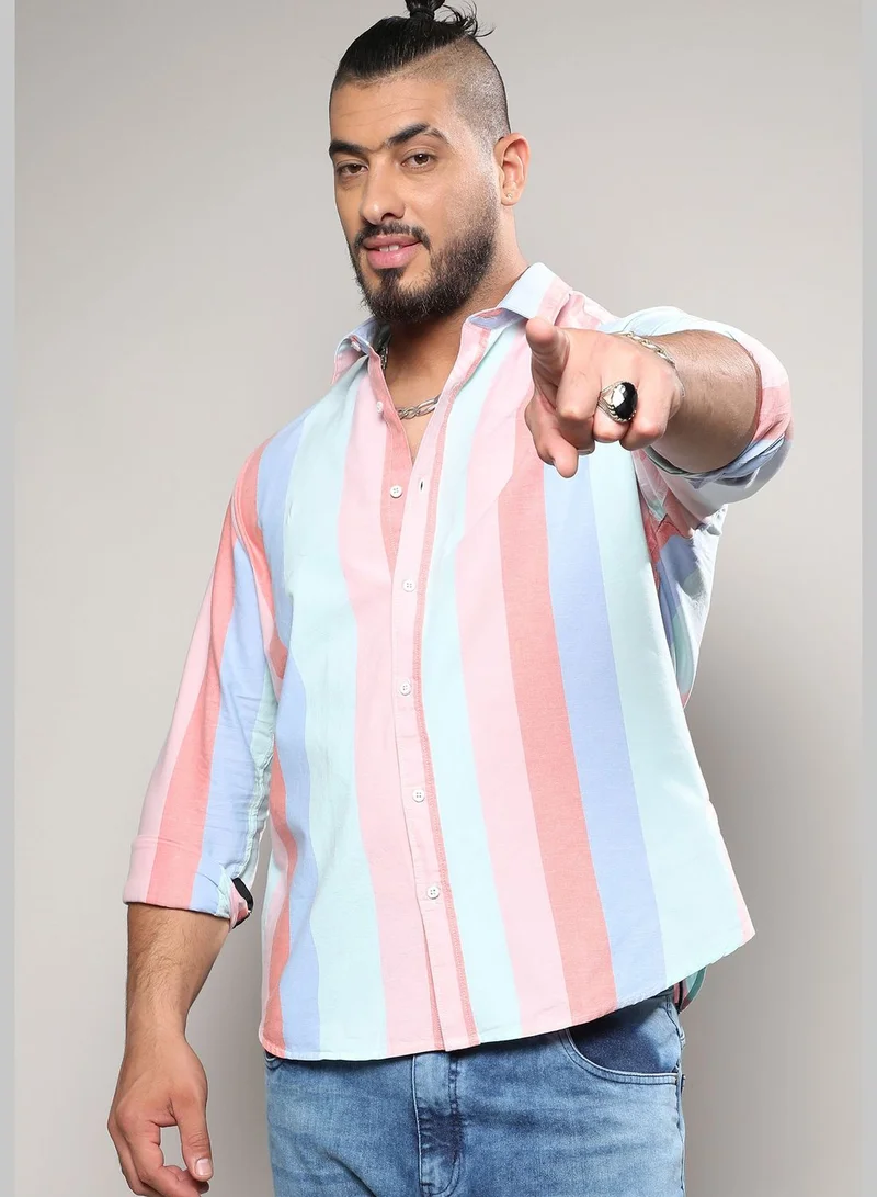 Instafab Plus Striped Spread Collar Long Sleeve Shirt