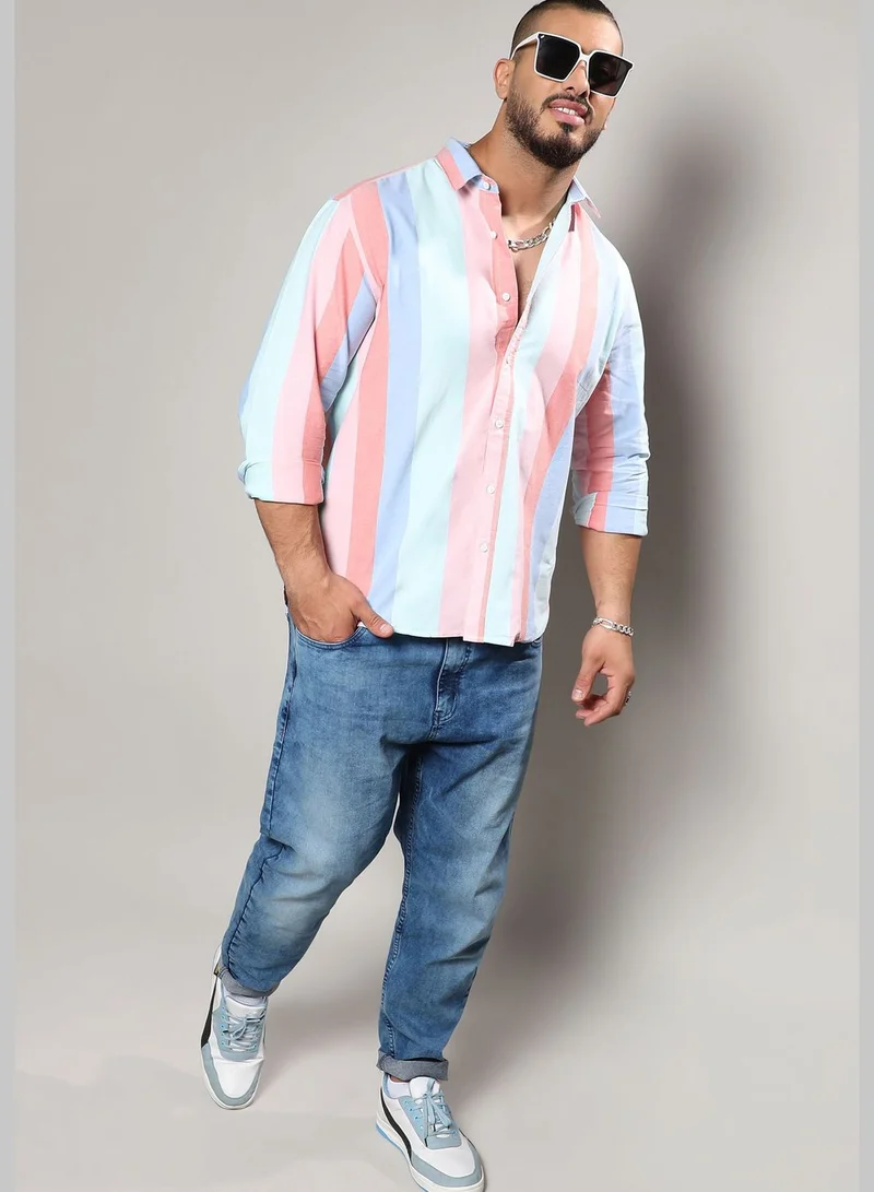 Instafab Plus Striped Spread Collar Long Sleeve Shirt