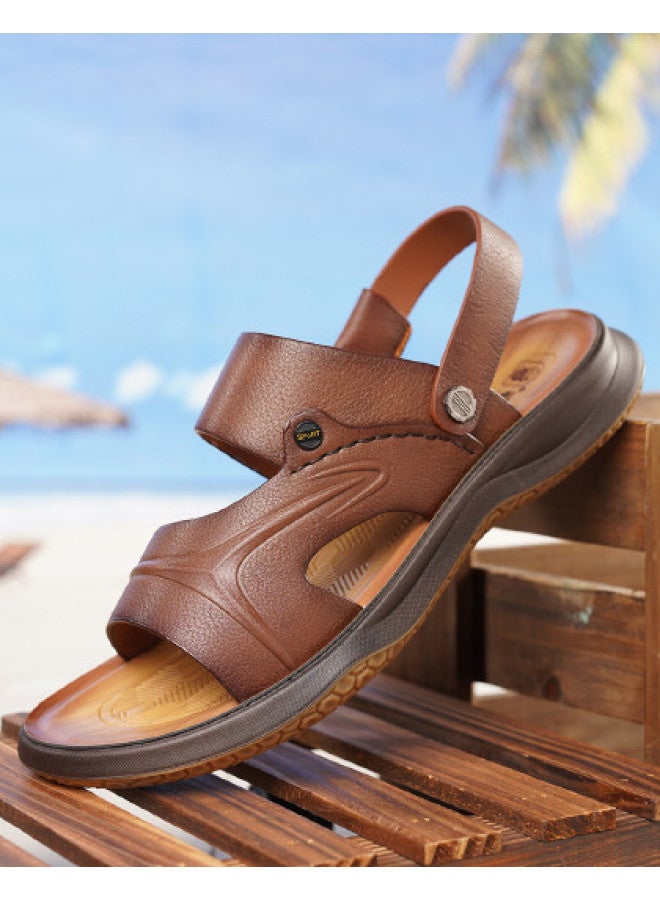 Old Man'S Head Top Grain Leather】men's Sandals - Genuine Leather Summer Breathable Casual Flip Flops, 2-way Wear Thick Sole Beach Shoes For Men - Image 1